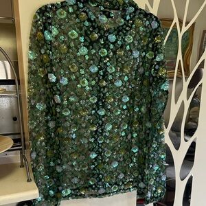 NWT Sequined Lace Floral Button-Down Shirt - Green (M)